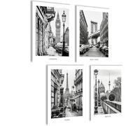 Mojoliving Tableau Noir et Blanc New York Berlin - Mural Taxi et Ligne d'Horizon - Poster Londres Paris
