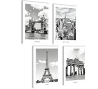 Mojoliving Tableau Noir et Blanc New York et Berlin - Mural Taxi et Ligne d'Horizon - Poster Londres Paris