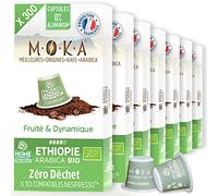 MOKA 300 Capsules Compostables 100% Pur Arabica d'Ethiopie Bio - Compatible avec les machines à Capsules Nespresso - Intensité 8 - Home Compost - Expresso et Lungo - Torréfié en France…