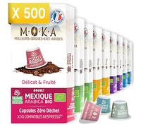 MOKA 500 Capsules Bio Compostables 100% Pur Arabica Mexique Honduras Ethiopie Brésil Pérou- Compatible avec les machines à Capsules Nespresso - Intensité 6-8 - Home Compost - Torréfié en France…