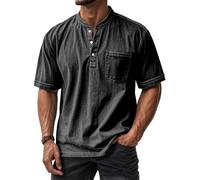 Mokaloha Mens Shirts, Mokaloha Mens Shirts Short Sleeves, Retro Stand Collar Pocket Casual Distressed Short Sleeves Henley Shirt (Black,TG)