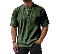 Mokaloha Mens Shirts, Mokaloha Mens Shirts Short Sleeves, Retro Stand Collar Pocket Casual Distressed Short Sleeves Henley Shirt (Army Green,4TG)