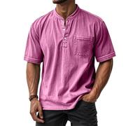 Mokaloha Mens Shirts, Mokaloha Mens Shirts Short Sleeves, Retro Stand Collar Pocket Casual Distressed Short Sleeves Henley Shirt (Pink,4TG)