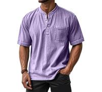 Mokaloha Mens Shirts, Mokaloha Mens Shirts Short Sleeves, Retro Stand Collar Pocket Casual Distressed Short Sleeves Henley Shirt (Purplek,TG)