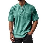 Mokaloha Mens Shirts, Mokaloha Mens Shirts Short Sleeves, Retro Stand Collar Pocket Casual Distressed Short Sleeves Henley Shirt (Green,3TG)