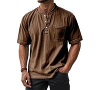 Mokaloha Mens Shirts, Mokaloha Mens Shirts Short Sleeves, Retro Stand Collar Pocket Casual Distressed Short Sleeves Henley Shirt (Brown,4TG)