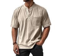 Mokaloha Mens Shirts, Mokaloha Mens Shirts Short Sleeves, Retro Stand Collar Pocket Casual Distressed Short Sleeves Henley Shirt (Khaki,M)