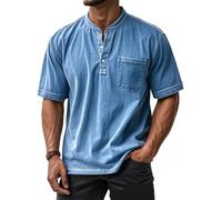 Mokaloha Mens Shirts, Mokaloha Mens Shirts Short Sleeves, Retro Stand Collar Pocket Casual Distressed Short Sleeves Henley Shirt (Blue,Grand)