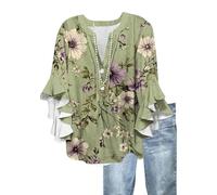 MOKBAY Cérémonie de Mariage Mes Commandes Passées Boheme Chemisiers Et Blouses Femme Manche 3/4 Volantée Tshirt Fleurs en Lin Chic Tee-Shirt Ete Col V Vert Fluide Blouse he Femme Vert XL