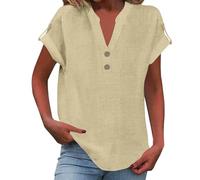 MOKBAY Chemisier Femme de Soiree Beige Manche Courte Col V Haut Blanc Chic Y2k Tenues Élégante Mes Commandes Passées Tunique Grande Taille Lin Ete uni Boheme Tee Shirt Noir Femme Beige M
