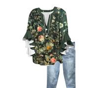 MOKBAY Chemisier Femme Fleurs Mes Commandes Élégant Col V Manche 3/4 Volantée Cérémonie Oversize Vert foncé Tee Shirt Oversize Chic Haut Femme Ete Boheme Chic Chemise Lin Vert foncé M