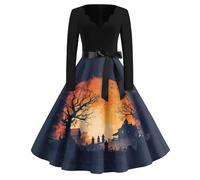 MOKBAY Costume Femme Halloween Robe Halloween Soiree Cosplay Robe Vampire Femme Bleu Marine Haloween Hallowen Sorcier Squelette Terrified Elfe Demon Sexy Déguisement Citrouille Bleu Marine L