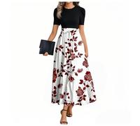 MOKBAY Femme avec Ceinture Robe Femme Sexy Rouge Mes Commandes Robe Fluide Mi Longue Col Rond Et Elegant Manche Courte Chic de Cocktail Ete Elegant Soiree Fleurie Dress for Women Rouge M