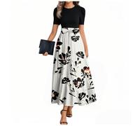 MOKBAY Femme l'or Amincissante Vintage Manche Courte Col Rond Spring Dress de Soiree D'été Robe Été Fleurie Et Elegant Mes Commandes Passées avec Ceinture Robe Mi Longue Femme Ete l'or L