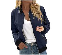 MOKBAY Manteaux Femme Blouson Bombers Jacket sans Capuche Elegant Veste Zippée Court Veste Automne Légère Zippée Bleu foncé Mi Saison Vetement Femme Bleu foncé L