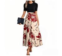 MOKBAY Mes Commandes Ample Fleurie Vin Col Rond Robe Longue Fluide Vintage Manche Courte de Plage Vetement Femme Ete Volants Été Elegant Robe Femme Chic Vin M