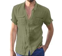 MOKBAY Mes Commandes Chemise Hawaienne Homme Lin Grande Taille sans Repassage Slim Fit Chemisette Homme Manche Courte Slim Fit Coton Ete Chemises Homme Tunique Vert Armée 5XL