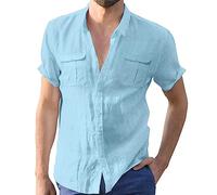 MOKBAY Mes Commandes Chemise Hawaienne Homme Lin Grande Taille sans Repassage Slim Fit Chemisette Homme Manche Courte Slim Fit Coton Ete Chemises Homme Tunique Bleu Clair M