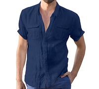 MOKBAY Mes Commandes Chemise Hawaienne Homme Lin Grande Taille sans Repassage Slim Fit Chemisette Homme Manche Courte Slim Fit Coton Ete Chemises Homme Tunique Marine XXL