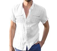 MOKBAY Mes Commandes Chemise Hawaienne Homme Lin Grande Taille sans Repassage Slim Fit Chemisette Homme Manche Courte Slim Fit Coton Ete Chemises Homme Tunique Blanc 5XL