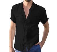 MOKBAY Mes Commandes Chemise Noire Homme Lin Hawaienne Lin Grande Taille sans Repassage Slim Fit Chemisette Homme Manche Courte Slim Fit Coton Ete Chemises Homme Tunique Noir 5XL