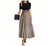 MOKBAY Mes Commandes Vintage Ample Gris Robe D'été Femme Manche Courte Vetement Ete de Cocktail Fleurie de Plage avec Ceinture Col Rond Été Elegant Soiree Robe Mi Longue Femme Ete Gris S