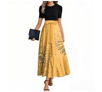 MOKBAY Robe de Soirée Longue Col Rond Cintrée Volants de Cocktail Fleurie Été Femme Et Elegant Elegante Robe Jaune Amincissante Summer Dress Manche Courte Mes Commandes Jaune XL