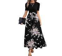 MOKBAY Robe Ete Femme Longue Fluide, Robe Ete Femme Portefeuille Robes Business Manches Courtes Longue Summer Dress Tenues Élégante col Rond Robes Noire Noire S