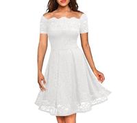 MOKBAY Robe Fluide Mi Longue Blanche Robe de Soirée Manche Courte de Fete Tenue de Fete Femme Chic de Mariée Épaules Dénudées Vetement Femme Grande Taille Dentelle Robes de Mariage Blanche XXL