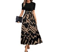 MOKBAY Robe Longue Noire Robe Boheme Femme Fleurie Amincissante Mes Commandes Ete Col Rond Vintage avec Ceinture Femme Manche Courte Elegant Marron Chic Spring Dress Marron L