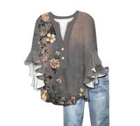 MOKBAY Robe Tee Shirt Femme Col V Mode Mes Commandes Gaze de Coton Chemisier Chic Manches 3/4 volantée Y2k Fleurs Tunique Lin Gris foncé Chic Ete Summer T-Shirt Femme Gris foncé XL