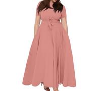 MOKBAY Sundress Manches Courtes col Rond Robes Grandes Tailles pour Femmes Rondes Robe de Cérémonie pour Femme Ronde Droite Grande Taille Robes Rose Vetement Ete Robe Ete Femme Mi Longue Rose 6XL