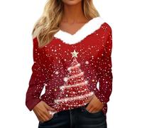 MOKBAY Tee Shirt Noël Femme Rouge foncé Christmas Tee Shirt Noel Mode Pere Col V Neige Pull de Noel de Nuit Grande Taille Soirée Manches Longues Pull de Noël Tshirt Femme Rouge foncé XL