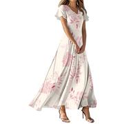 MOKBAY Vetement Femme Ete de Soiree Manche Courte Fleurie Rose Et Elegant Printemps Robe Chemise Longue Amincissante de Plage Robe Vert d'eau Col V Elegant Soiree Mes Commandes Passées Femme Rose M