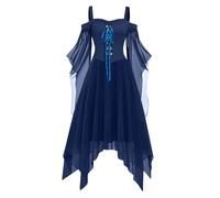 MOKBAY Vetement Gothique Faucheuse Halloween Soirée Medieval Sexy Bleu Marine Sorcière Voyante Gothiques Deguisement Halloween Adulte Femme Costume Squelette Robe Gothique Femme Bleu Marine S
