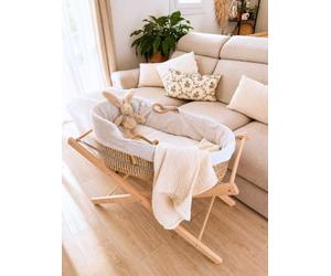 Mokee Couffin pour Bébé en Jonc de Mer avec Support - Panier Moïse avec Matelas, Literie en Coton, Doublure Rembourrée et Support en Bois - Couffin Moïse Naturel (Naturel & Support Naturel)