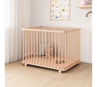 Mokee Parc Bébé Pliable en Bois - Parc de Jeu pour Bébé Réglable en Hauteur avec Base et Roulettes avec Freins - 100 x 75 cm (Hêtre naturel non traité)