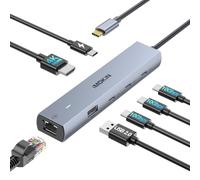 MOKiN Hub USB C Ethernet 10 Gbit/s, adaptateur USB C 7 en 1 pour MacBook Pro/Air avec HDMI 4K @ 60 Hz, 3 x USB-C 10 Gbit/s de données, RJ45, USB 2.0, 100 W PD, clé USB C pour MacBook Pro/Air/Dell/HP