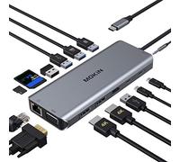 MOKiN Station d'accueil USB C, 14 en 1 à Triple Affichage, hub USB C Double Moniteur vers Double HDMI, VGA, Gigabit Ethernet, 5 Ports USB 3.0/2.0, 100 W PD, Lecteur de Carte SD/TF, Audio 3,5 mm pour
