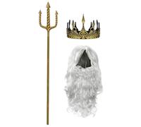 MOKKHNB Ensemble Trident et Couronne d'or du Dieu | Accessoires de Cosplay Adultes pour Spectacle d'halloween | Comprend Une Perruque Grise et Une Fausse Barbe pour Accessoires Photo de fête
