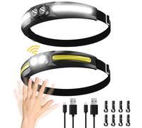 MoKo 2PCS Lampe Frontale Rechargeable, Lampe de Tête Faisceau Large de 300° avec Capteur de Mouvement, Étanche Super Lumineux Réglable 7 Modes, Lampe de Poche pour Camping Pêche Course Chasse