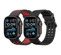 MoKo 2Pièces Bande Océan Compatible avec Apple Watch Ultra 3/2/1 49mm,S11/S10 46mm,9/8/7 45mm,SE3/SE2/SE/6/5/4 44mm,3/2/1 42mm, Bracelet Silicone Respirant avec Connecteur Métallique, Noir+Noir Rouge