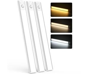 MoKo Bande Lumière LED, Lampe de Nuit sans Fil avec Détecteur de Mouvement et Bande Magnétique, Lampe de Placard Rechargeable USB pour Dessous de Placard, Cuisine, Escalier, Chambre, Blanc, 3 Pièces