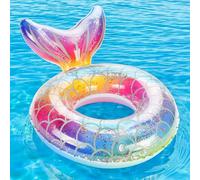 MoKo Bouée Sirène, (75cm) Anneau de Natation Gonflable en PVC, Flotteur de Piscine en Forme de Sirène avec Queue pour Adulte, Jouet pour Sports Nautiques Vacances d'Été, Écailles d'argent Arc-en-Ciel