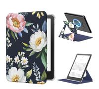 MoKo Coque Pivotante à 360° pour 7" Ebook 12e Gén 2024, Étui Protection à Dos Clair Magnétique Détachable&Support Réglable et Auto Réveil/Sommeil, Pas pour TCL Remarkable Kobo, Pivoine sur Bleu