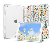 MoKo Coque pour iPad 9e/8e/7e Génération 10,2 Pouces 2021/2020/2019 avec Porte-Crayon, Mince Légère à Trois Volets Coque avec PC Arrière Transparente Robuste, Veille/Réveil Auto, Fleur