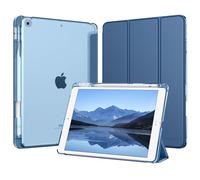 MoKo Coque pour iPad 9e/8e/7e Génération 10,2 Pouces 2021/2020/2019 avec Porte-Crayon, Mince Légère à Trois Volets Coque avec PC Arrière Translucide Robuste, Veille/Réveil Auto, Marine Bleu