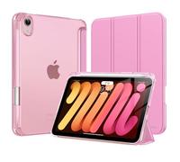 MoKo Coque pour iPad Mini 7 A17 Pro 2024, iPad Mini 6ème Gén 8,3 Pouces 2021 avec Porte-Crayon, Mince Légère à Trois Volets Coque avec PC Arrière Translucide Robuste, Veille/Réveil Auto, Bouquet Rose