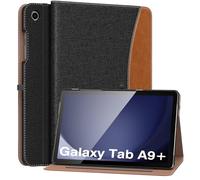 MoKo Coque pour Samsung Galaxy Tab A9 Plus 11 Pouces 2023 (SM-X210/SM-X216/SM-X218), Multi-Angles Étui en Cuir PU avec Dragonne, Poche Avant, Auto Réveil/Sommeil, Denim Noir & Brun