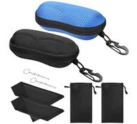MoKo Étui à Lunettes Semi-Rigide, 2 PCS Boîte à Lunettes de Soleil en EVA avec Crochet en Métal, Étui de Protection pour Lunettes à Fermeture Éclair avec Chiffon pour Homme Femme - Noir & Bleu